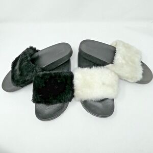 BOGO‎ Womens Fuzzy Slippers Slides Flip Flops Sandals Size 9 Black White